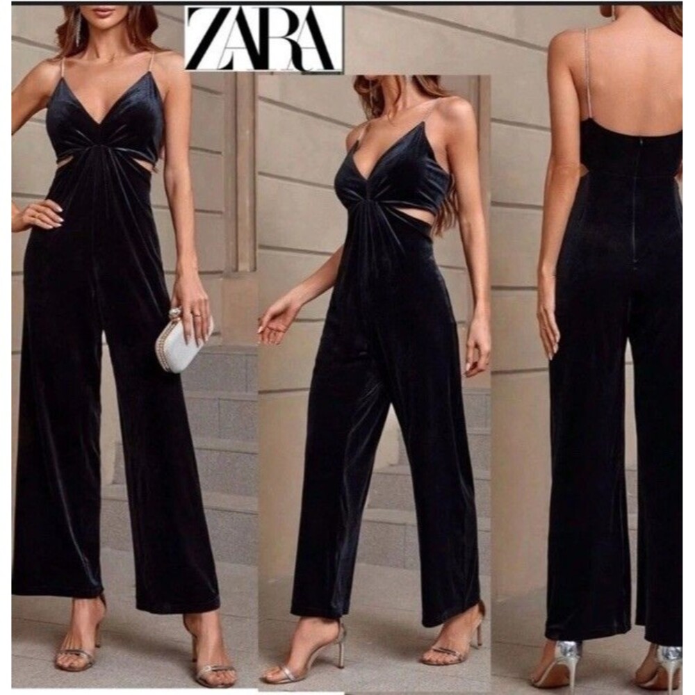 Zara Black Velvet Cutout Maxi Jumpsuit